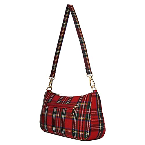 Right 20 Retro Kariert Segeltuchtasche Handtasche Damen Kariert Tartan Umhängetasche kariert Punk Handtaschen 90er Umhängetasche für Damen Canvas Achseltasche （Rot） von Right 20