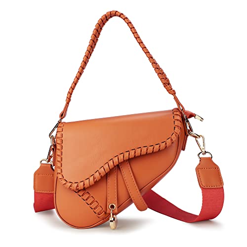 Right 20 Vintage Satteltasche für Damen Damen Handtasche Klein mit 2 Schultergurte Schultertasche Damen PU Leder Umhängetasche Frau Handtasche Geldbörse Messenger Bag (Orange von Right 20