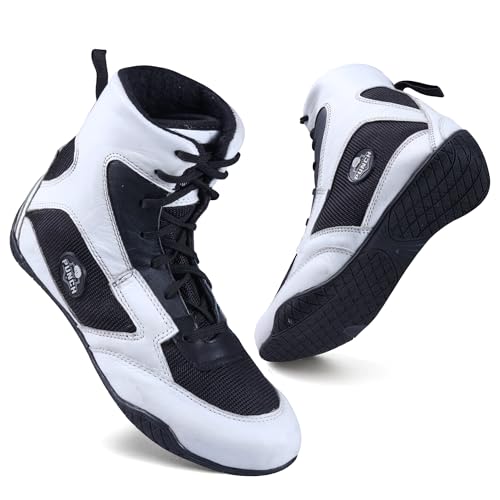 Rightpunch Atmungsaktive Boxschuhe Herren Damen Jugend Rutschfest Leichte Training Boxschuhe mit Gummisohle, Weiß & Schwarz, 46 EU von Right Punch