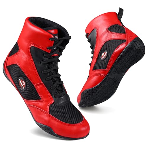 Rightpunch Atmungsaktive Boxschuhe Herren Damen Jugend Rutschfest Leichte Training Boxschuhe mit Gummisohle, rot / schwarz, 43 EU von Right Punch