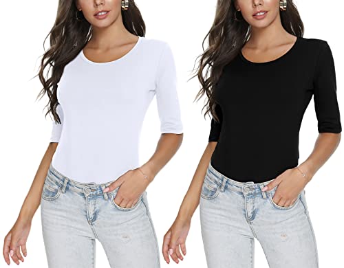 RightPerson Damen Basic Halbarm Rundhals T-Shirt Stretch Casual Baumwolle Tops, 2 Stück weiß + schwarz, Klein von RightPerson