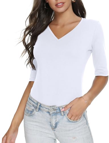 RightPerson Damen Basic Halbarm V-Ausschnitt T-Shirt Stretch Casual Baumwolle Tops, Weiss/opulenter Garten, X-Groß von RightPerson