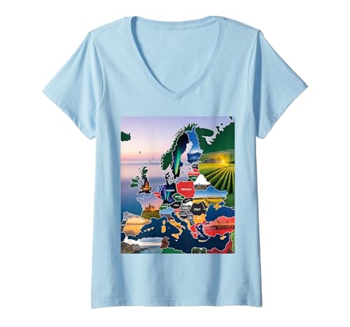 Damen Europakarte Reisekunst, malerische europäische Sehenswürdigkeiten und Landschaften T-Shirt mit V-Ausschnitt Damen Europakarte Reisekunst, malerische europäische Sehenswürdigkeiten und Landschaften T-Shirt mit V-Ausschnitt von RightUR European Geography