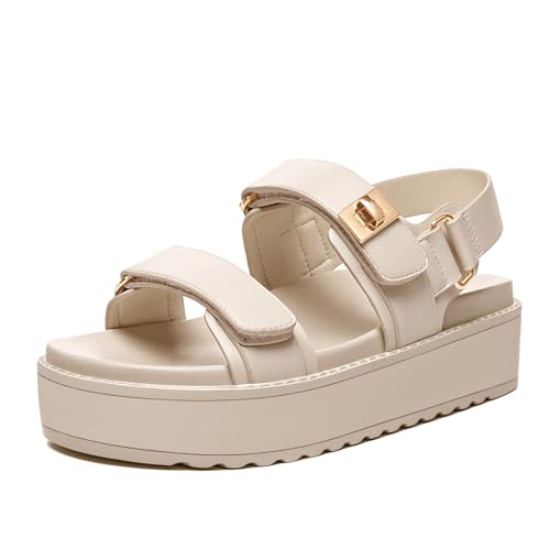 Rihero Bequeme Damen-Sandalen mit offenem Zehenbereich, Plateau-Sandalen, modisch, ein Band, Sommer, elegante Flatform-Sandalen, Hautfarben, 37.5 EU von Rihero