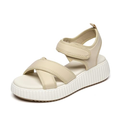 Rihero Damen Bequeme Plateau Sport Sandalen Offene Zehen Weich Verstellbar Sommer Strand Keilsandalen, Beige, 39 EU von Rihero