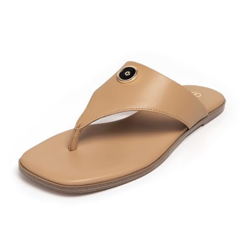 Rihero Damen-Flip-Flops mit quadratischem Zehenbereich, flache Sandalen, Sommer, bequem, zum Hineinschlüpfen, Strandsandalen, Taupe, 38 EU von Rihero