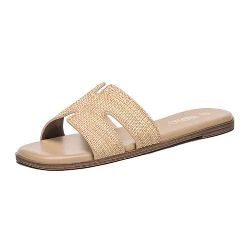 Rihero Elegante flache Damen-Sandalen, bequeme Schlupfsandalen, Leder, Raffia, 38.5 EU von Rihero