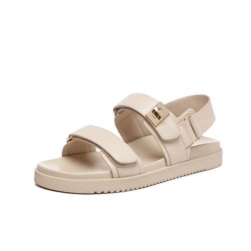 Rihero Flache Damen-Sandalen, bequem, verstellbar, Doppelriemen, Schlupfschuh, Leder-Fußbett, Hautfarben, 38 EU von Rihero