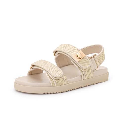 Rihero Flache Damen-Sandalen, bequem, verstellbar, Doppelriemen, Schlupfschuh, Leder-Fußbett, Raffia, 41 EU von Rihero