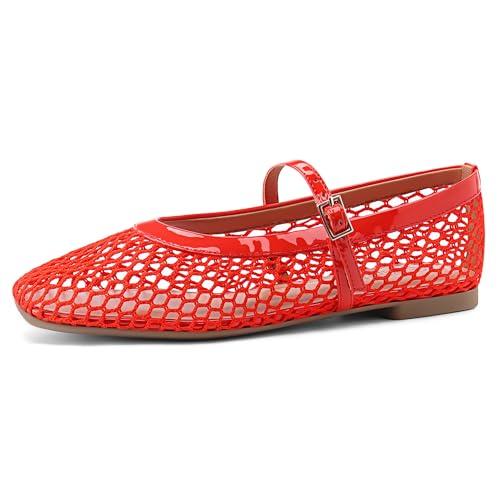 Rihero Netz-Ballerinas für Damen, bequem, quadratischer Zehenbereich, Ballerinas, Schnallenriemen, lässig, Fischnetz, flache Schuhe, Rot/Ausflug, einfarbig (Getaway Solids), 39 EU von Rihero