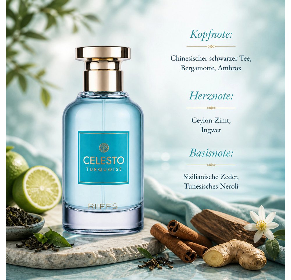 Riiffs Duft-Set CELESTO Turquoise EDP 100 ml + 1x Parfümzerstäuber (leer) Set von Riiffs