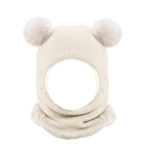 Riisoyu Kleinkind Baby SchalMütze warm Niedlich, Babymütze Strickmütze mit Bommel Samtfutter Kinder 2 in 1 Wintermütze mit Samtfutter Earflap Mütze für Baby 2-7 Jahre, Weiß von Riisoyu