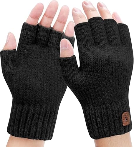 Riisoyu Winter Thermisch Fingerlose Handschuhe, Herren Strick Half Finger Winterhandschuhe Fingerhandschuhe Warme Dehnbare Strickhandschuhe für Alltag Freizeit für Männer Frauen von Riisoyu