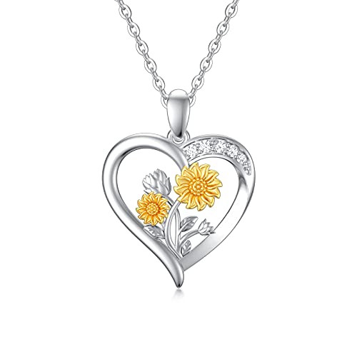 9 Karat/375 Echtgold-Herz-Halskette mit Naturdiamanten für Frauen, Weiß-/Gelbgold-Sonnenblumen-Herz-Anhänger | Du bist mein Sonnenschein,Jahrestag Geburtstag Geschenke für Ehefrau,Freundin 16''+2'' von Rikelus