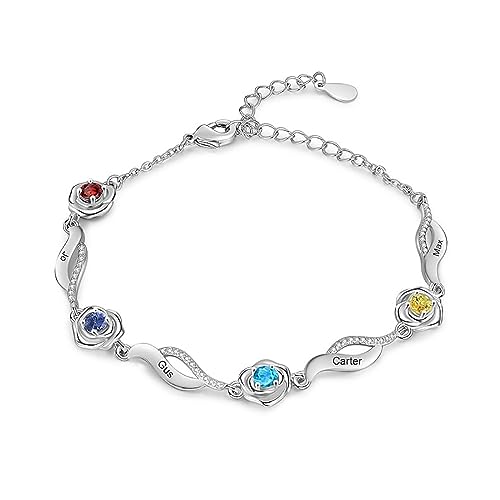 Personalisiertes Armbänder Fußkettchen mit 1–4 Geburtssteinen und Eingravierten Namen Für Frauen, Sterlingsilber Personalisiertes Fußkettchen, Schmuckgeschenk Geburtstag (4 Geburtsstein + 4 Name) von Rikelus
