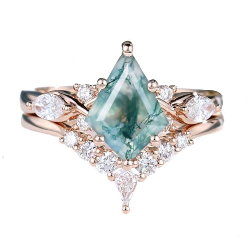 Rikelus 9K 14K 18K Gold Drachenschliff Moosachat Ehering-Sets für Frauen, natürliche grüne Moosachat Moissanit Verlobungsring-Sets Geschenk zum Jahrestag Valentinstag (Sterlingsilber) von Rikelus