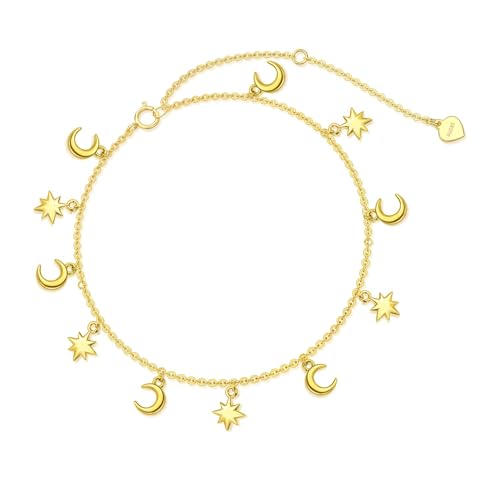 Rikelus 9K Echtgold Mond und Stern Fußkettchen für Frauen, 375/9ct Gelbgold Stern Mond Link Fußkettchen Armband Troddel Fuß Schmuckgeschenke für Geburtstag Muttertag Valentinstag 20+5cm 1 von Rikelus