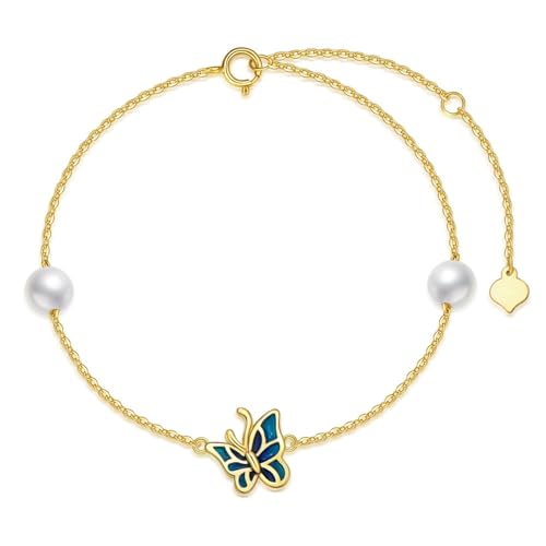 Rikelus 9K Echtgold Schmetterling Armband für Frauen, 375/9ct Gelbgold Süßwasserperlen Schmetterling Fallen Armbänder Muttertag Weihnachten Geburtstag Valentinstag Schmuckgeschenke für sie von Rikelus