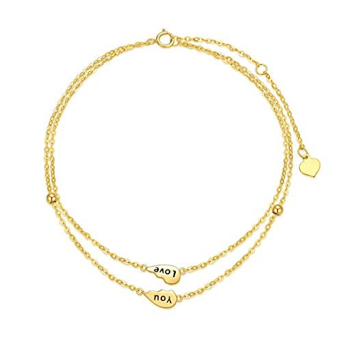 Rikelus 9k Echtgold Herz Fußkette für Damen Frauen, 375/9ct Gold Herz Fußkettchen Schichtfuß Fusskettenchen Schmuck Geschenke für Geburtstag Weihnachten 20/21.5+5 cm (9K-Gelb-Gold) von Rikelus