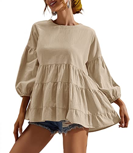 Damen Schößchen Tops 3/4 Laterne Ärmel Rundhals Lose Babydoll Hemd Bluse, Beige, XX-Large von Rilista