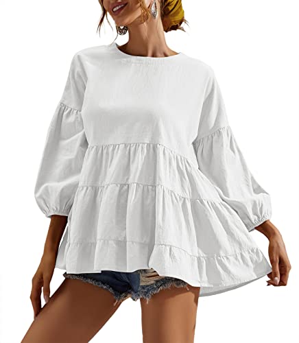 Damen Schößchen Tops 3/4 Laterne Ärmel Rundhalsausschnitt Lose Babydoll Shirt Bluse, Weiß, XX-Large von Rilista