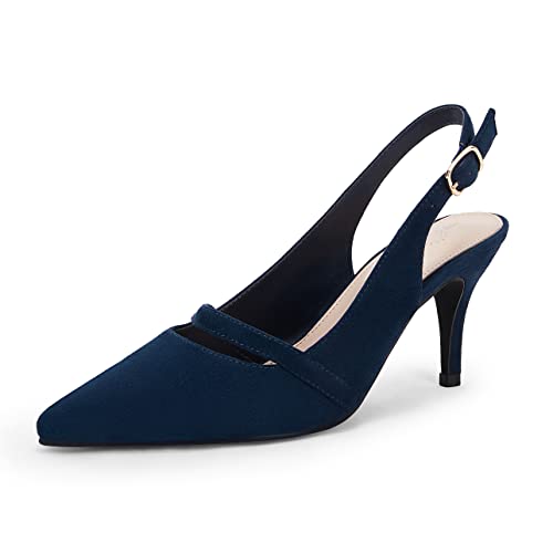 Damen Slingback Kätzchen Absätze Pumps Spitze Zehen Rückenfrei Stiletto Kleid Schuhe, Marineblau, 40.5 EU von Rilista