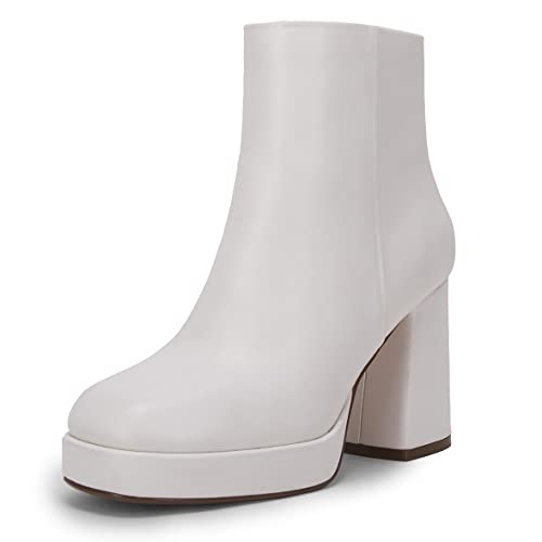 Plateau-Stiefel für Damen, klobige High Heels, Stiefeletten, quadratische Zehenpartie, seitlicher Reißverschluss, Punk-Stiefel, Weiss/opulenter Garten, 38 EU von Rilista