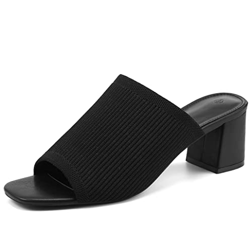 Rilista Damen Offene Zehenpartie Heeled Pantoletten Blockabsatz Sandalen Strick Große quadratische Absätze Slip On Atmungsaktive Slides Sandalen, Schwarz, 40.5 EU von Rilista