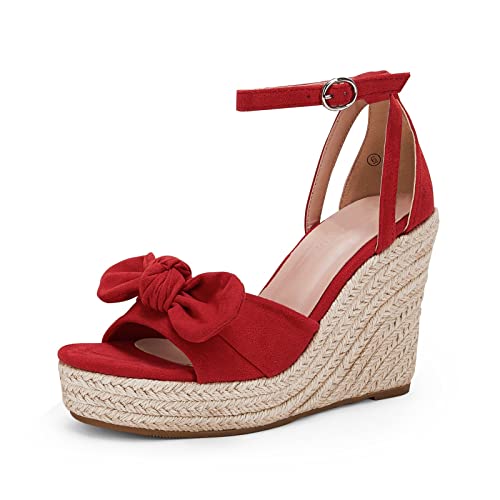 Rilista Damen Plateau-Sandalen mit Keilabsatz, niedliche Schleife, offene Zehenpartie, Espadrille, hohe Absätze, Schnalle, Knöchelriemen, Sommerschuhe, Rot/Ausflug, einfarbig (Getaway Solids), 39 EU von Rilista