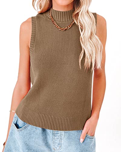 Rilista Damen Sommer Strick Pullover Tank Tops Rollkragen Ärmellos Cami Shirts Gerippter Stehkragen Pullover Westen, Kaffee, Klein von Rilista