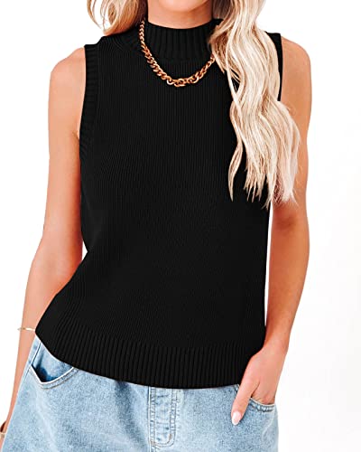 Rilista Damen Sommer Strick Tank Tops Ärmellos Rollkragen Cami Shirts Gerippter Stehkragen Pullover Pullover Westen, Schwarz, Groß von Rilista