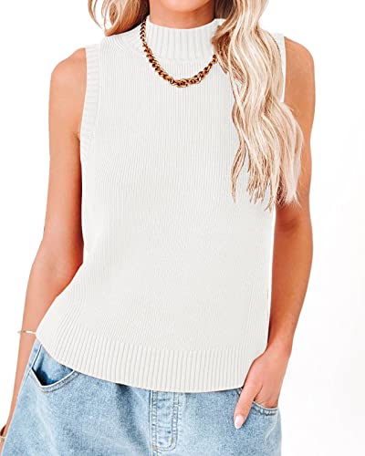 Rilista Damen Sommer Strick Tank Tops Ärmellos Rollkragen Cami Shirts Gerippter Stehkragen Pullover Pullover Westen, Weiss/opulenter Garten, Groß von Rilista