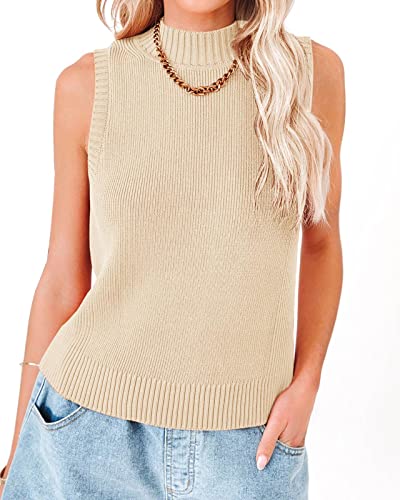 Rilista Frauen Sommer Strick Tank Tops Ärmellos Rollkragen Cami Shirts Gerippt Mock Neck Pullover Pullover Westen, Beige, Klein von Rilista