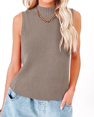 Rilista Frauen Sommer Strick Tank Tops Ärmellos Rollkragen Cami Shirts Gerippt Mock Neck Pullover Pullover Westen, Khaki, Klein von Rilista