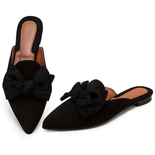 Rilista Spitzer Zehenbereich Mule Flats Oversized Schleifen Easy Slip On Rückenfrei Schuhe für Frauen, schwarz, 38.5 EU von Rilista