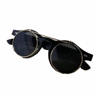Riloer Steampunk-Brille, runder Rahmen im Retro-Stil, Spiegel-Sonnenbrille für Damen und Herren, Schattenbrille, leuchtendes Schwarz von Riloer