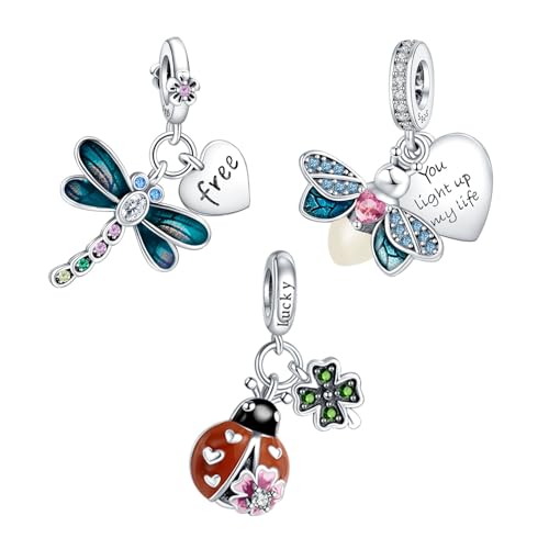 Rimgoris 925 Sterling Silber Damen Armbänder Halskette Insektenserie - Firefly, Marienkäfer, Libelle Charm 3er-Pack von Rimgoris