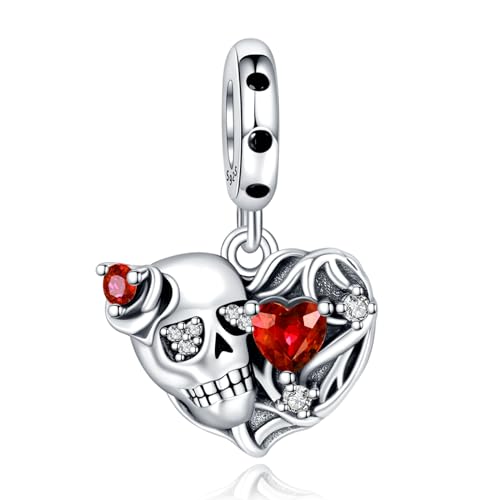 Rimgoris 925 Sterling Silber Charm für Frauen - Armband & Halskette mit Totenkopf, Herz & Rubin Anhänger von Rimgoris