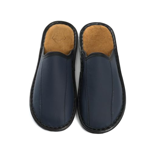 Rimo-Genuine Touch Herren Leder Hausschuhe – Handgefertigte Pantoffeln mit Rutschfester Sohle, Bequem und Robust, Größen 41-47 (Dunkelblau, EU Schuhgrößensystem, Erwachsene, Herren, Numerisch, M, 47) von Rimo-Genuine Touch