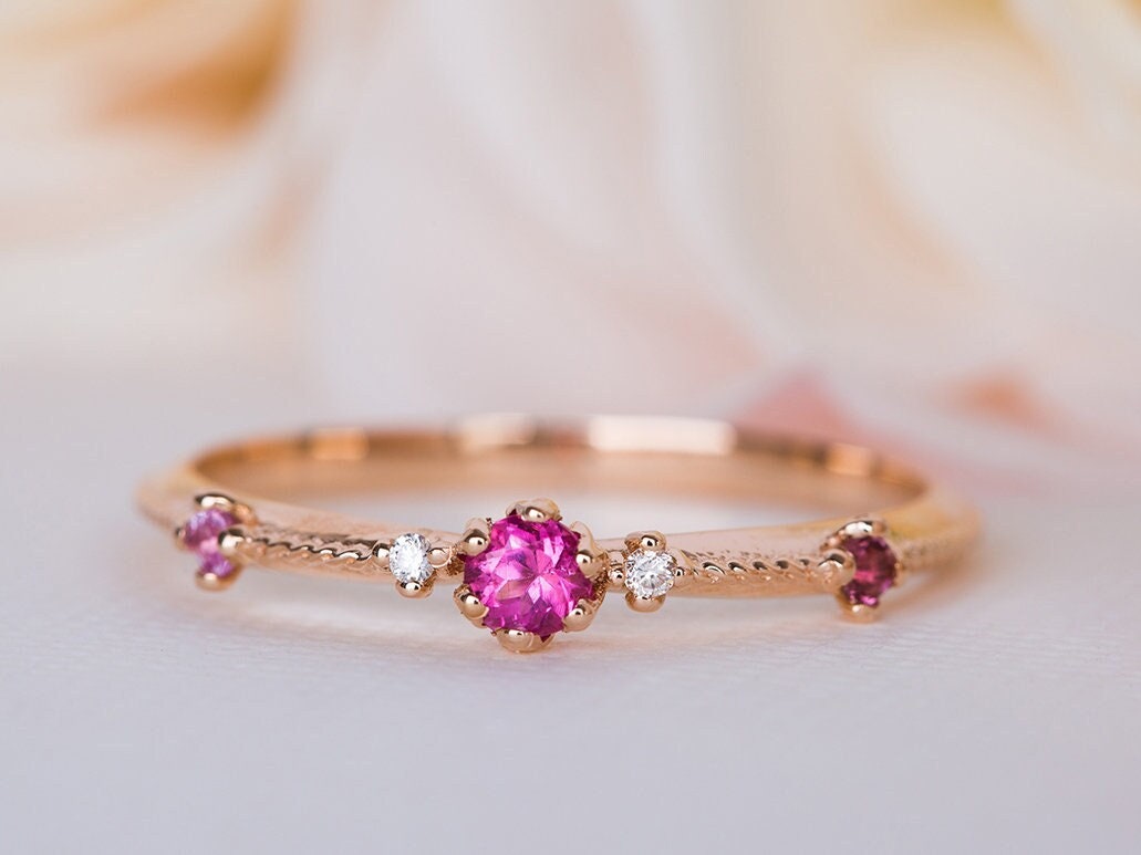 Rosa Ehering, Rosa Saphir Verlobungsring, Diamant Ring, 18K Oder 14K Ring von RimonFineJewelry