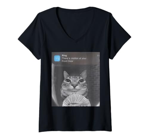 Damen Ring There is Motion at Your Haustür T-Shirt mit V-Ausschnitt Damen Ring There is Motion at Your Haustür T-Shirt mit V-Ausschnitt von Ring There Is Motion at Your Front Door Cat tee