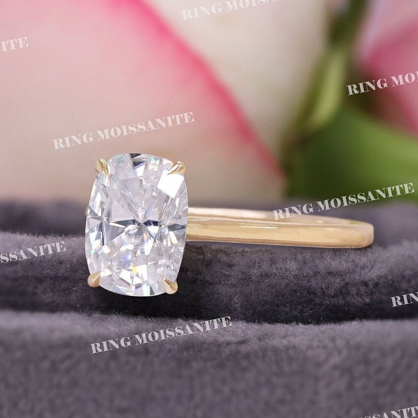 2.5 Ct Kissenschliff Moissanit, Versteckter Halo Verlobungsring, Gestreckter Kissen Solitär Moissanit, Katwollring Pflastern von RingMoissanite