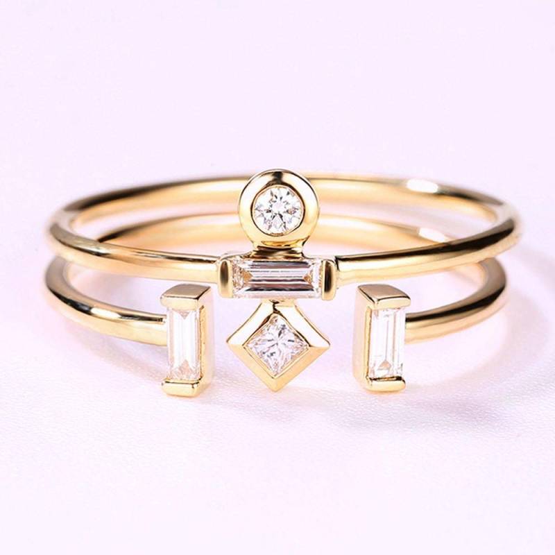 14K Gold Stacking Antike Braut Set Hochzeit Offen Drei Stein Frauen Einzigartige Retro Verlobungsring Passende Baguette Versprechen Jahrestag von RingOnly