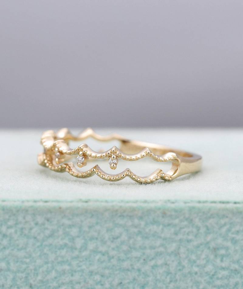 Art Deco Ehering Gelbgold Ring Diamant Milgrain Frauen Einzigartig Doppelt Brautschmuck Halbe Ewigkeit Versprechen Stapeln Jahrestag Geschenk von RingOnly