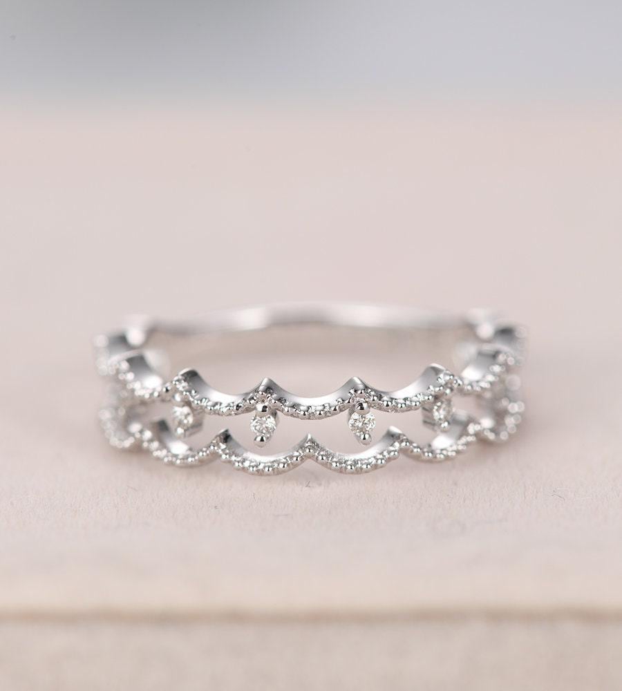 Art Deco Hochzeit Band Frauen Weißgold Diamant Milgrain Einzigartige Doppel Brautschmucksachen Halbe Ewigkeit Versprechen Stapeln Jahrestag Geschenk von RingOnly