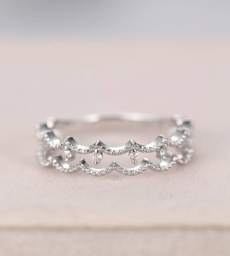 Art Deco Hochzeit Band Frauen Weißgold Diamant Milgrain Einzigartige Doppel Brautschmucksachen Halbe Ewigkeit Versprechen Stapeln Jahrestag Geschenk von RingOnly