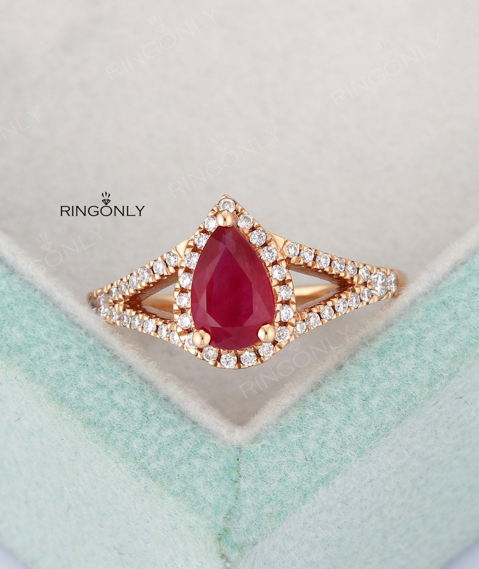 Birnenförmiger Rubin Verlobungsring, Roségold-Ehering, Diamantring in Diamantform von RingOnly