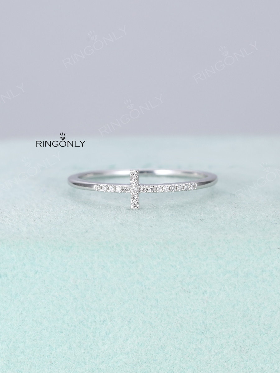 Diamant Hochzeit Band Kreuz Ring Einfache Brautring Versprechen Mikro Pflastern Stapeln Passenden Art-Deco-Weißgold Jahrestag von RingOnly