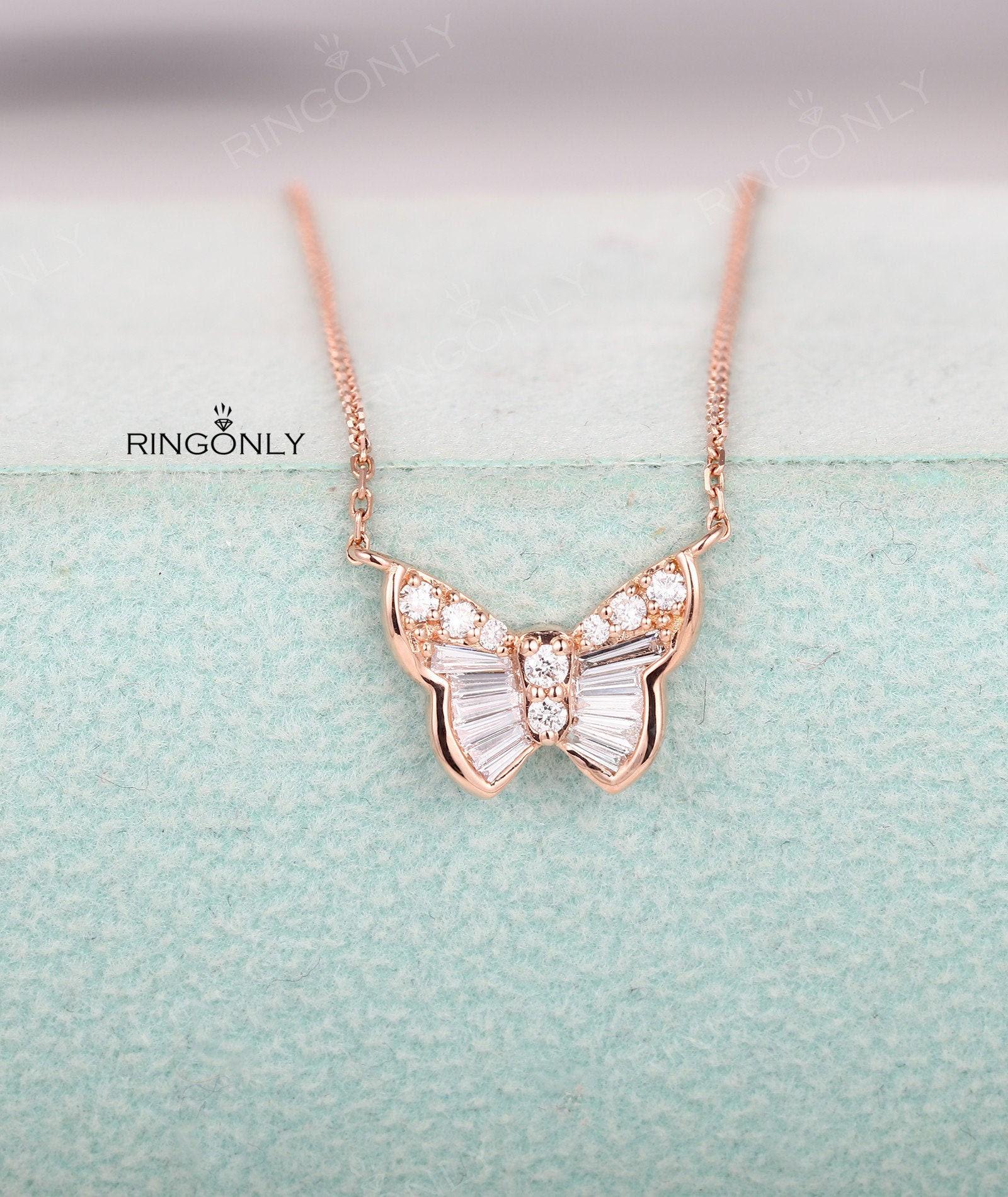 Diamant Schmetterling Anhänger Halskette 14K Rose Gold Naturdiamant Einzigartige Verlobung von RingOnly