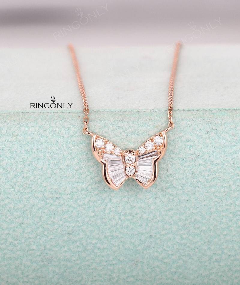 Diamant Schmetterling Anhänger Halskette 14K Rose Gold Naturdiamant Einzigartige Verlobung von RingOnly